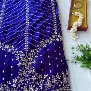 Blue organza satin with heavy daman style zari and sequin embroidery fabric