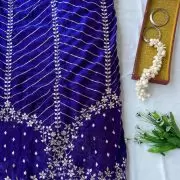 Blue organza satin with heavy daman style zari and sequin embroidery fabric