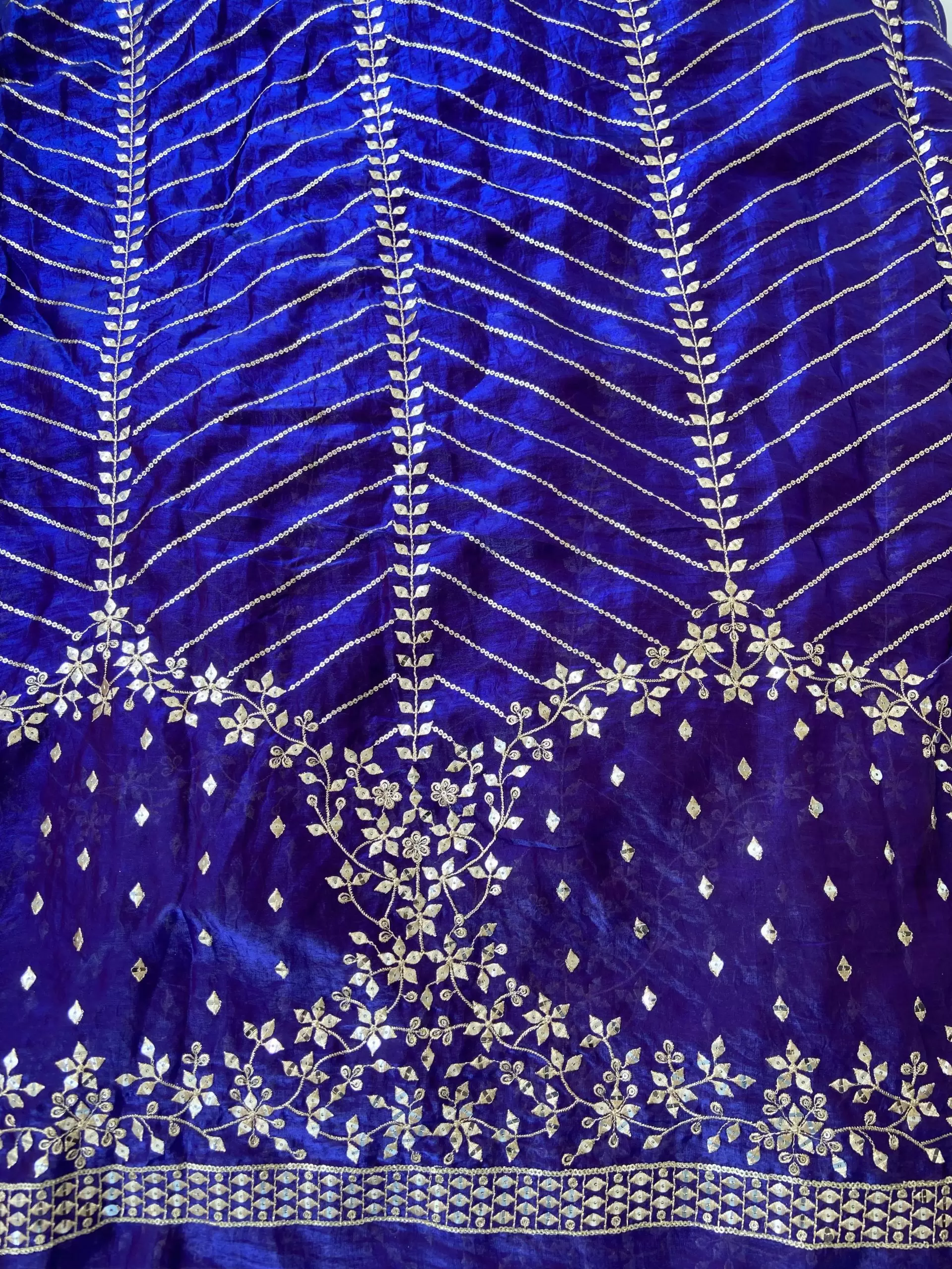 Blue organza satin with heavy daman style zari and sequin embroidery fabric