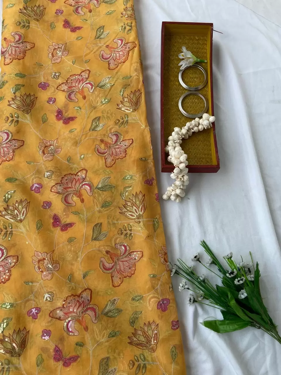 Yellow Organza Fabric with Position Print & Floral Sequin Embroidery