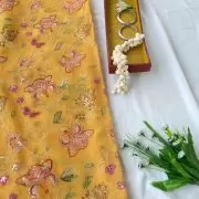 Yellow Organza Fabric with Position Print & Floral Sequin Embroidery