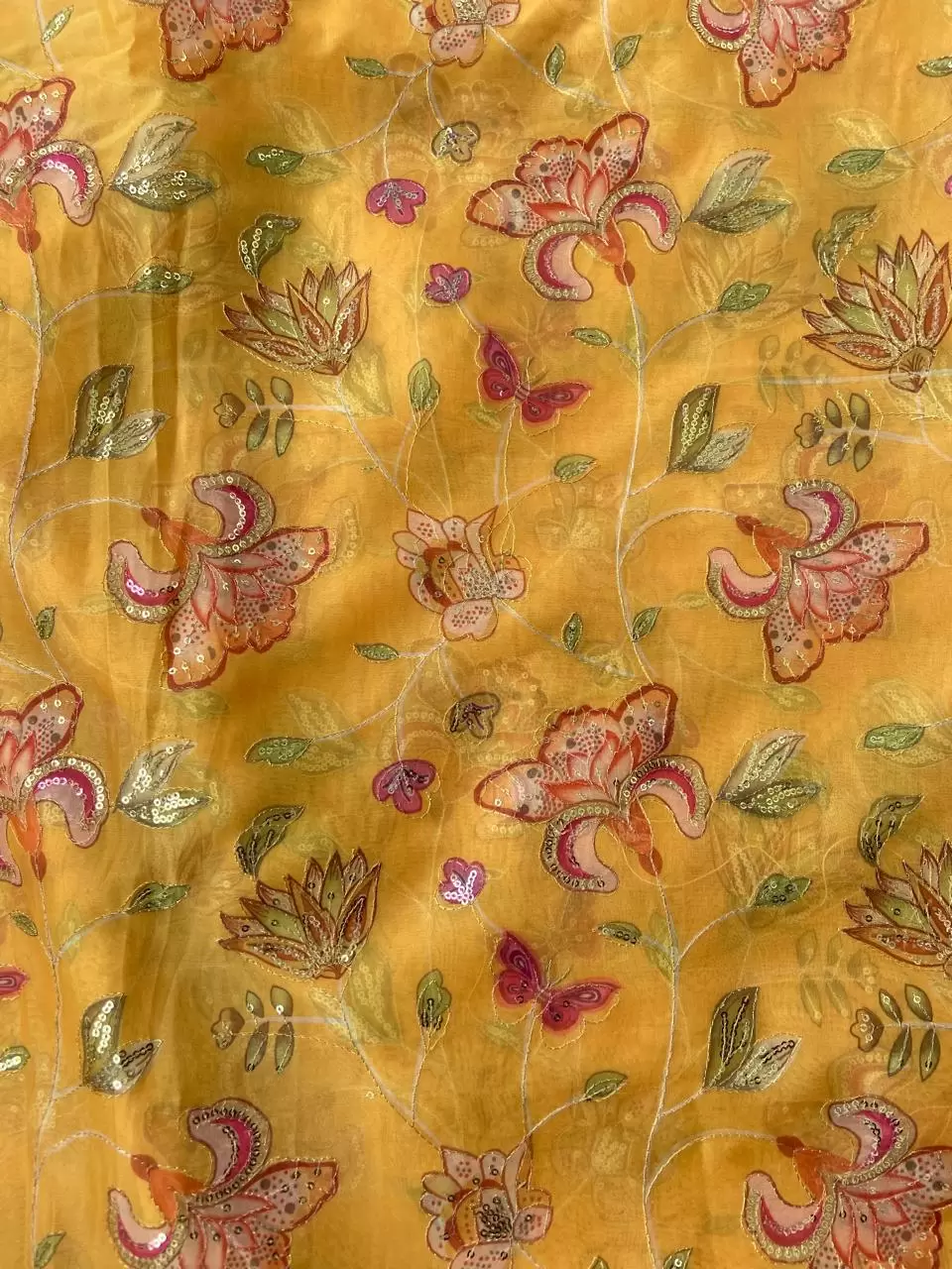 Yellow Organza Fabric with Position Print & Floral Sequin Embroidery