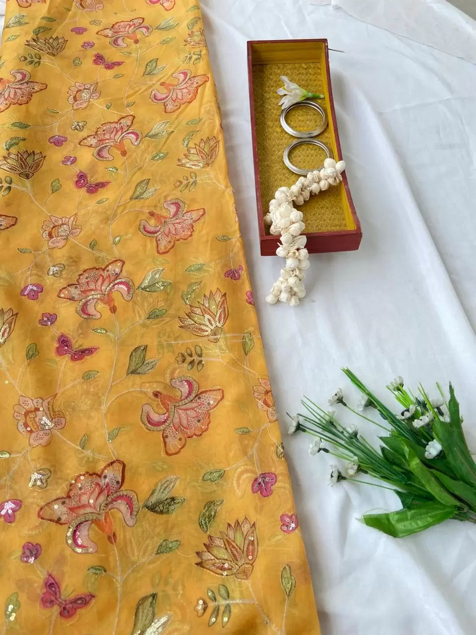 Yellow Organza Fabric with Position Print & Floral Sequin Embroidery