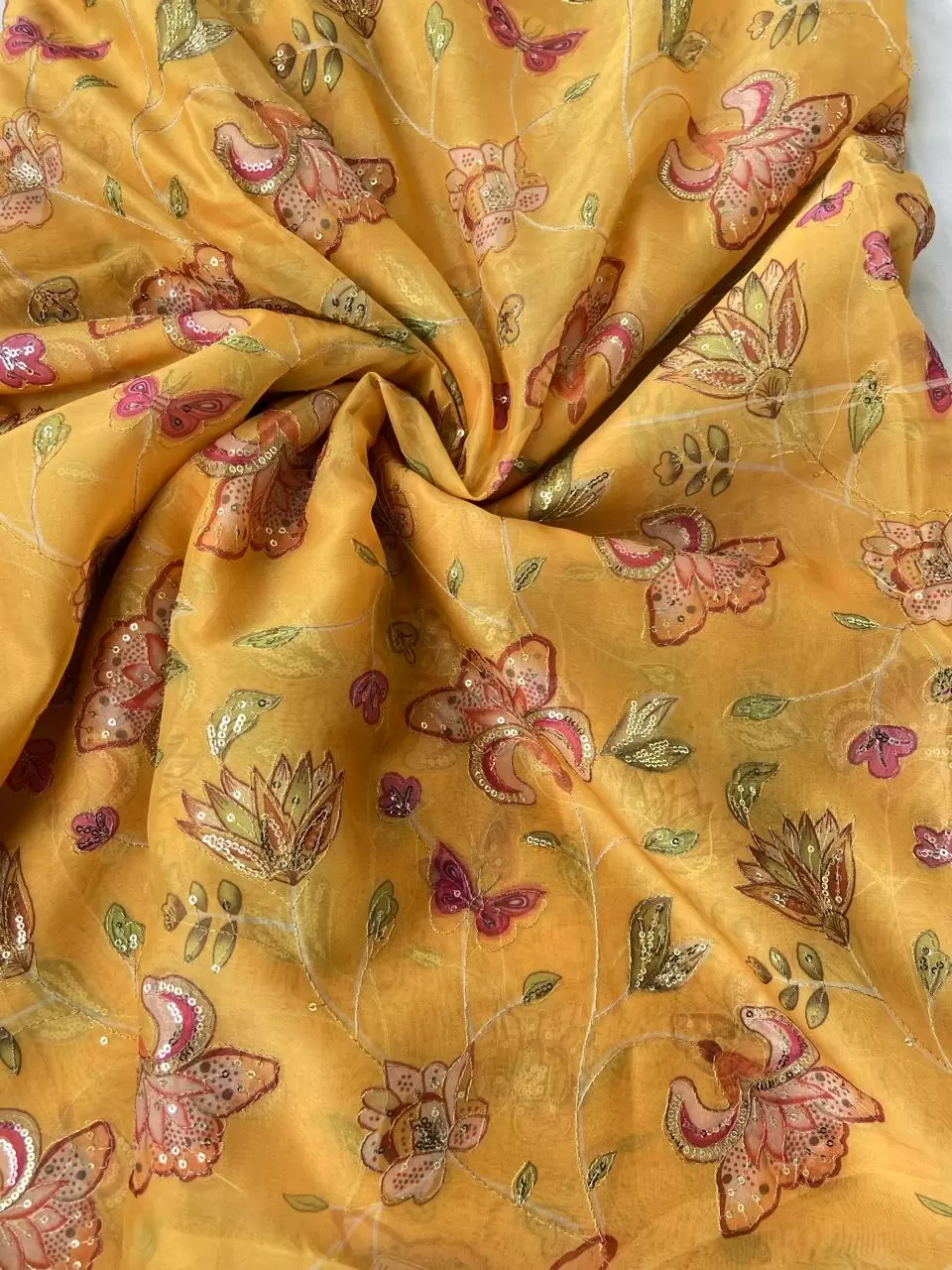 Yellow Organza Fabric with Position Print & Floral Sequin Embroidery