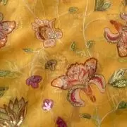 Yellow Organza Fabric with Position Print & Floral Sequin Embroidery