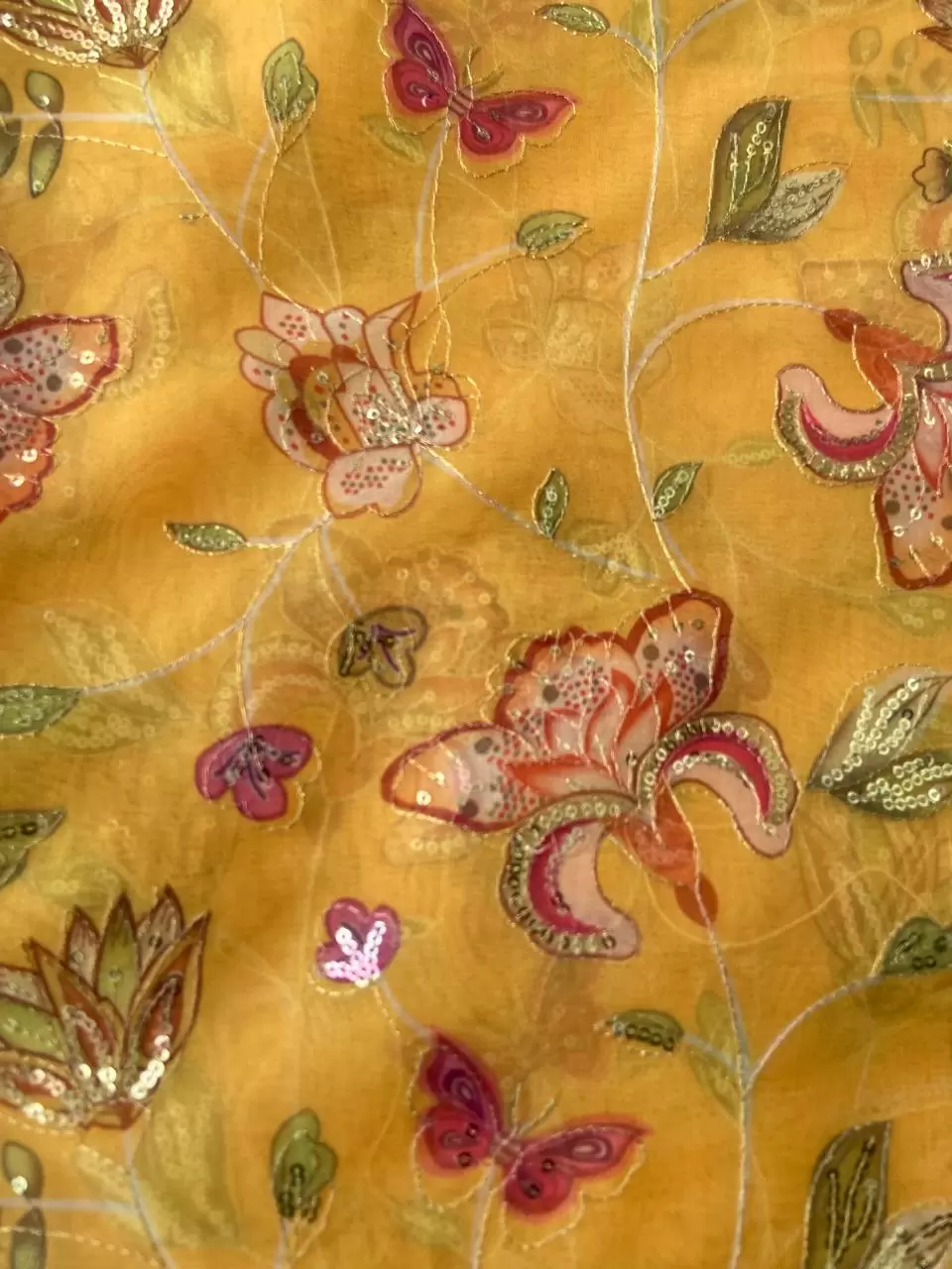 Yellow Organza Fabric with Position Print & Floral Sequin Embroidery