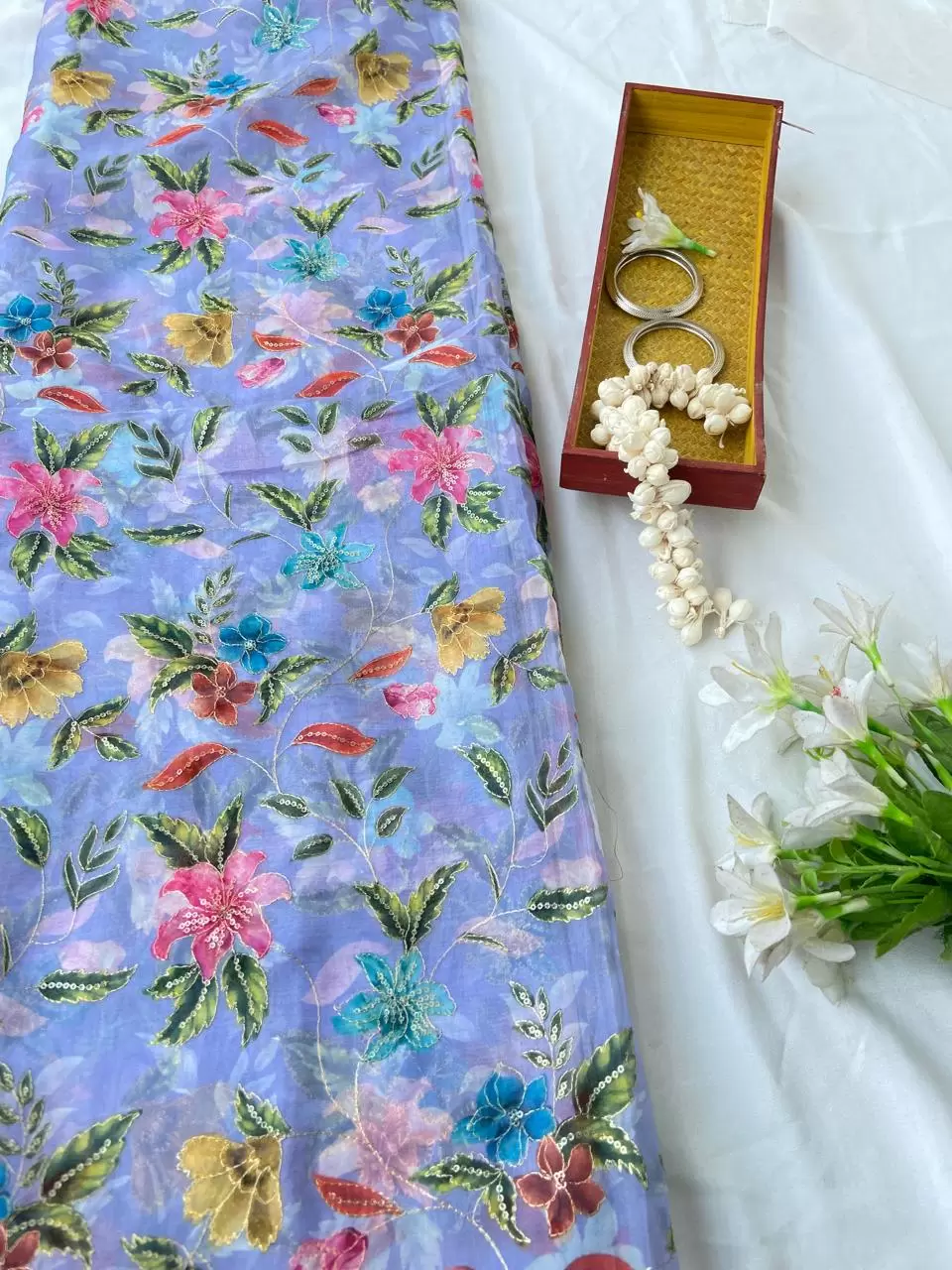 Lavender Organza Fabric with Position Print & Floral Sequin Embroidery