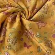 Yellow Organza Fabric with Position Print & Floral Sequin Embroidery
