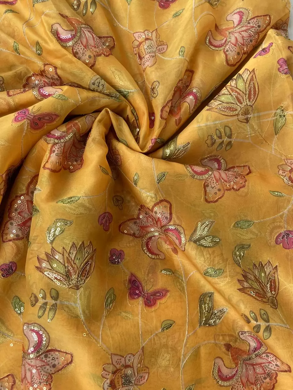 Yellow Organza Fabric with Position Print & Floral Sequin Embroidery