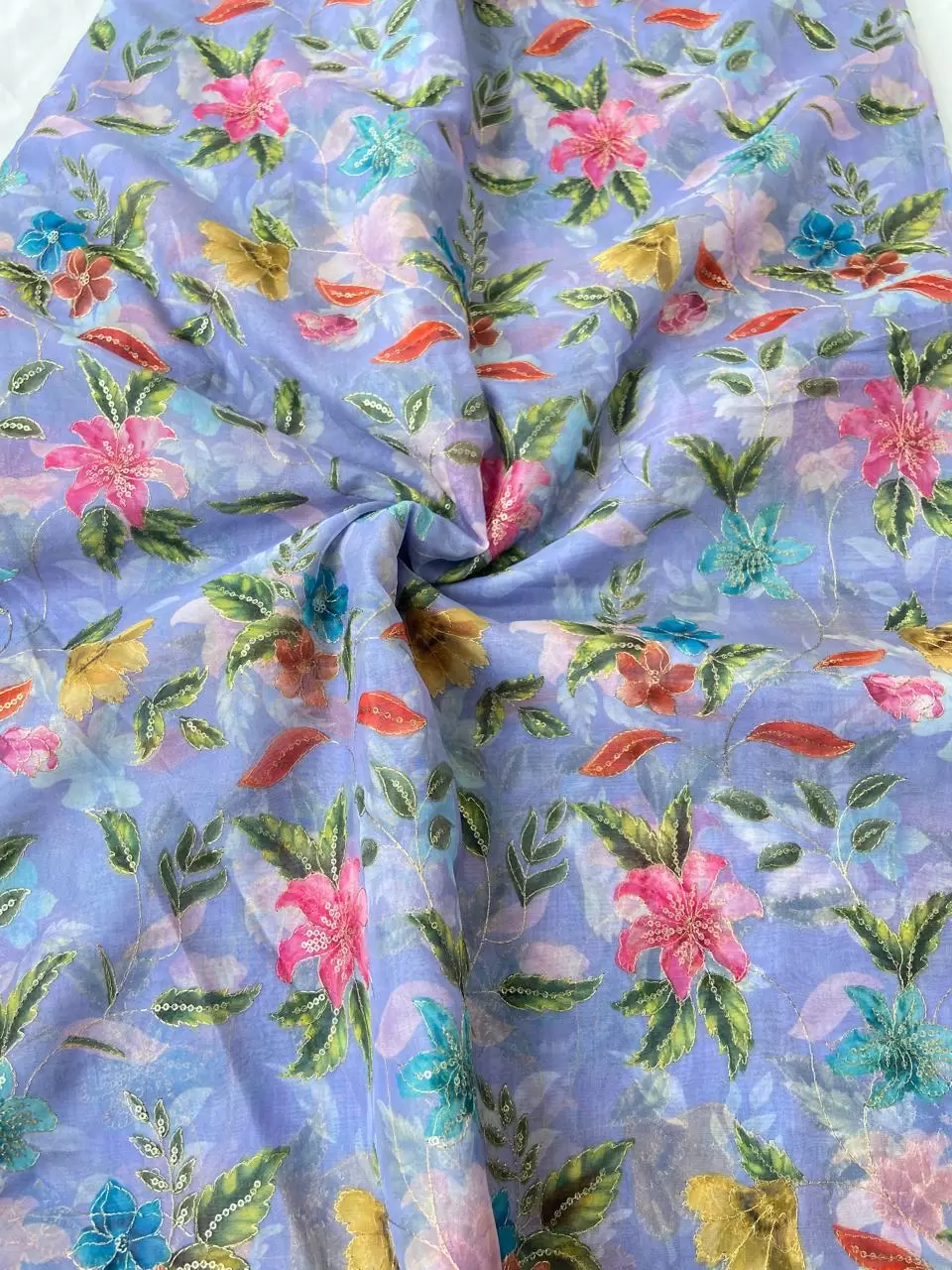 Lavender Organza Fabric with Position Print & Floral Sequin Embroidery