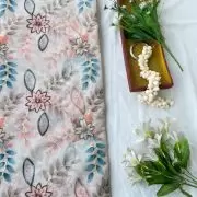 White Organza Fabric with Position Print & Floral Sequin Embroidery