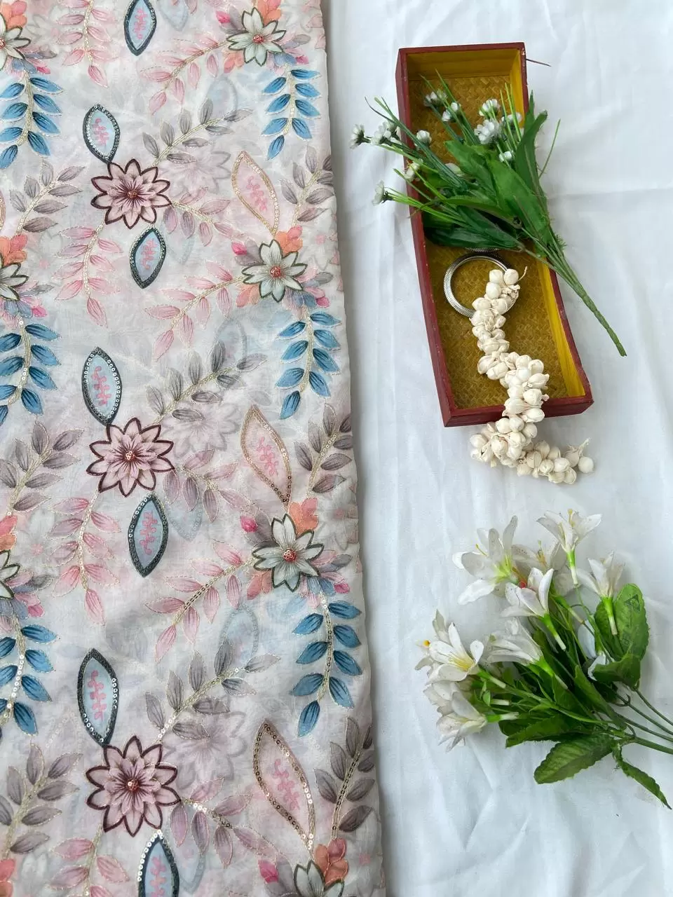 White Organza Fabric with Position Print & Floral Sequin Embroidery