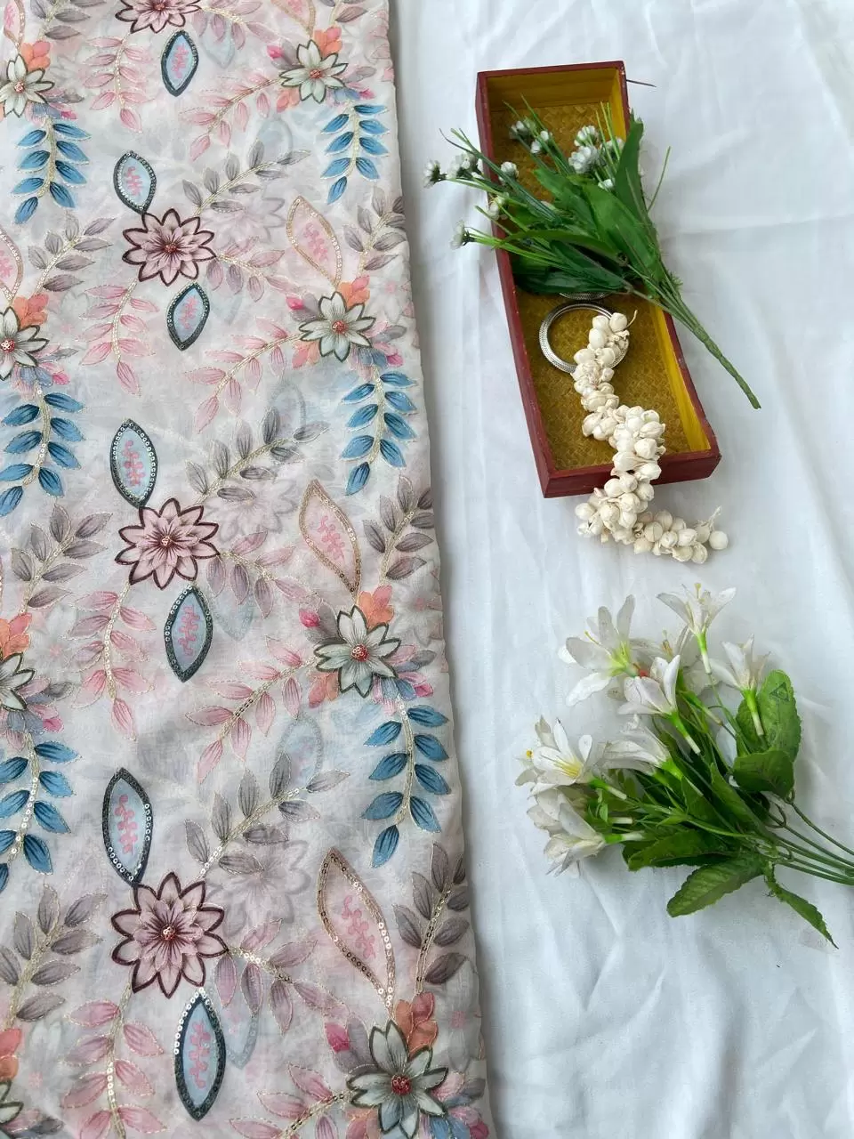 White Organza Fabric with Position Print & Floral Sequin Embroidery