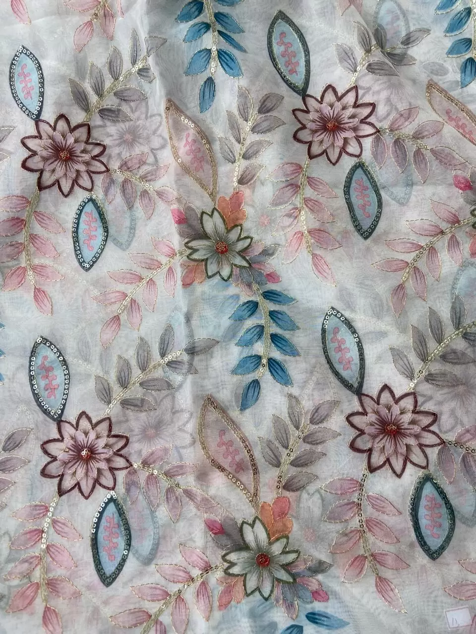 White Organza Fabric with Position Print & Floral Sequin Embroidery