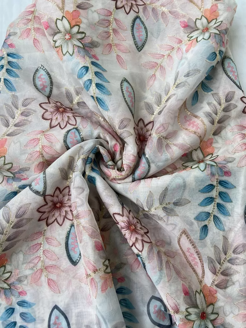 White Organza Fabric with Position Print & Floral Sequin Embroidery