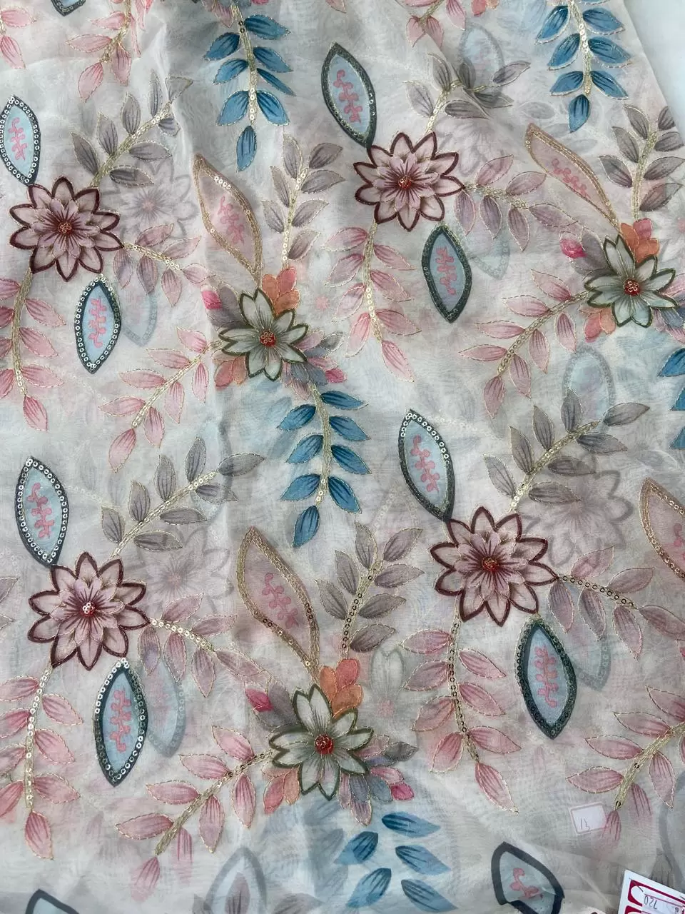 White Organza Fabric with Position Print & Floral Sequin Embroidery