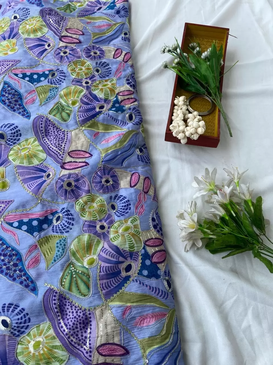 Lavender Purple Organza Fabric with Position Print & Floral Sequin Embroidery