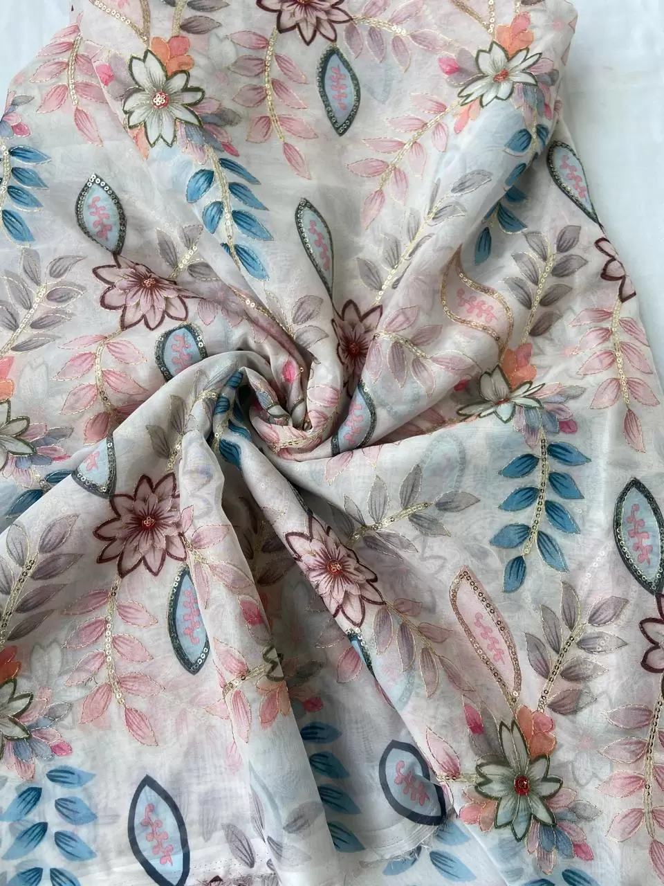 White Organza Fabric with Position Print & Floral Sequin Embroidery