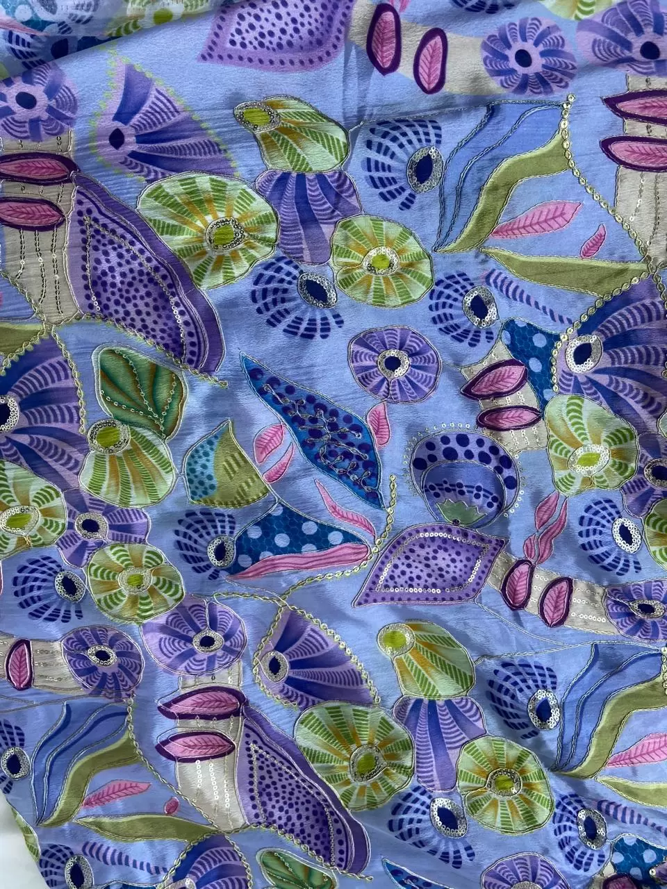 Lavender Purple Organza Fabric with Position Print & Floral Sequin Embroidery