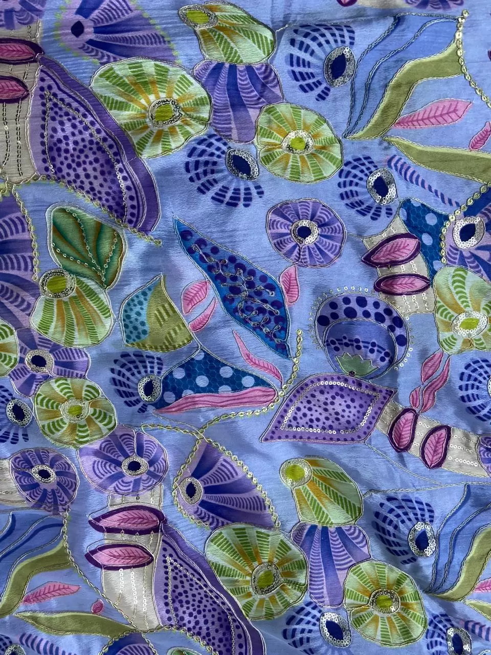 Lavender Purple Organza Fabric with Position Print & Floral Sequin Embroidery