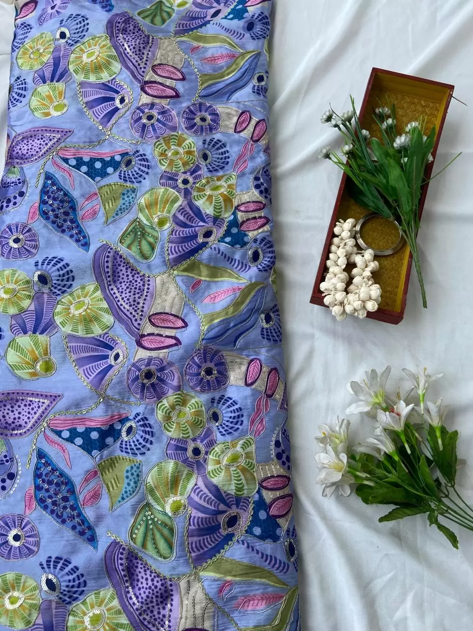 Lavender Purple Organza Fabric with Position Print & Floral Sequin Embroidery