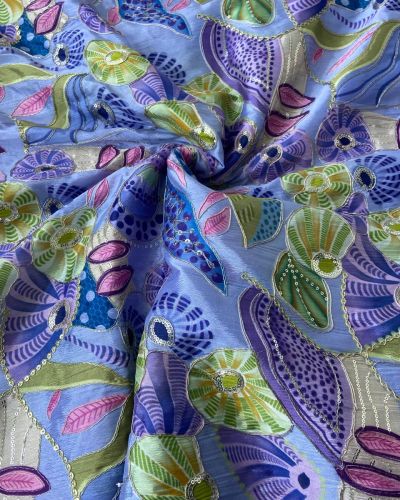 Lavender Purple Organza Fabric with Position Print & Floral Sequin Embroidery
