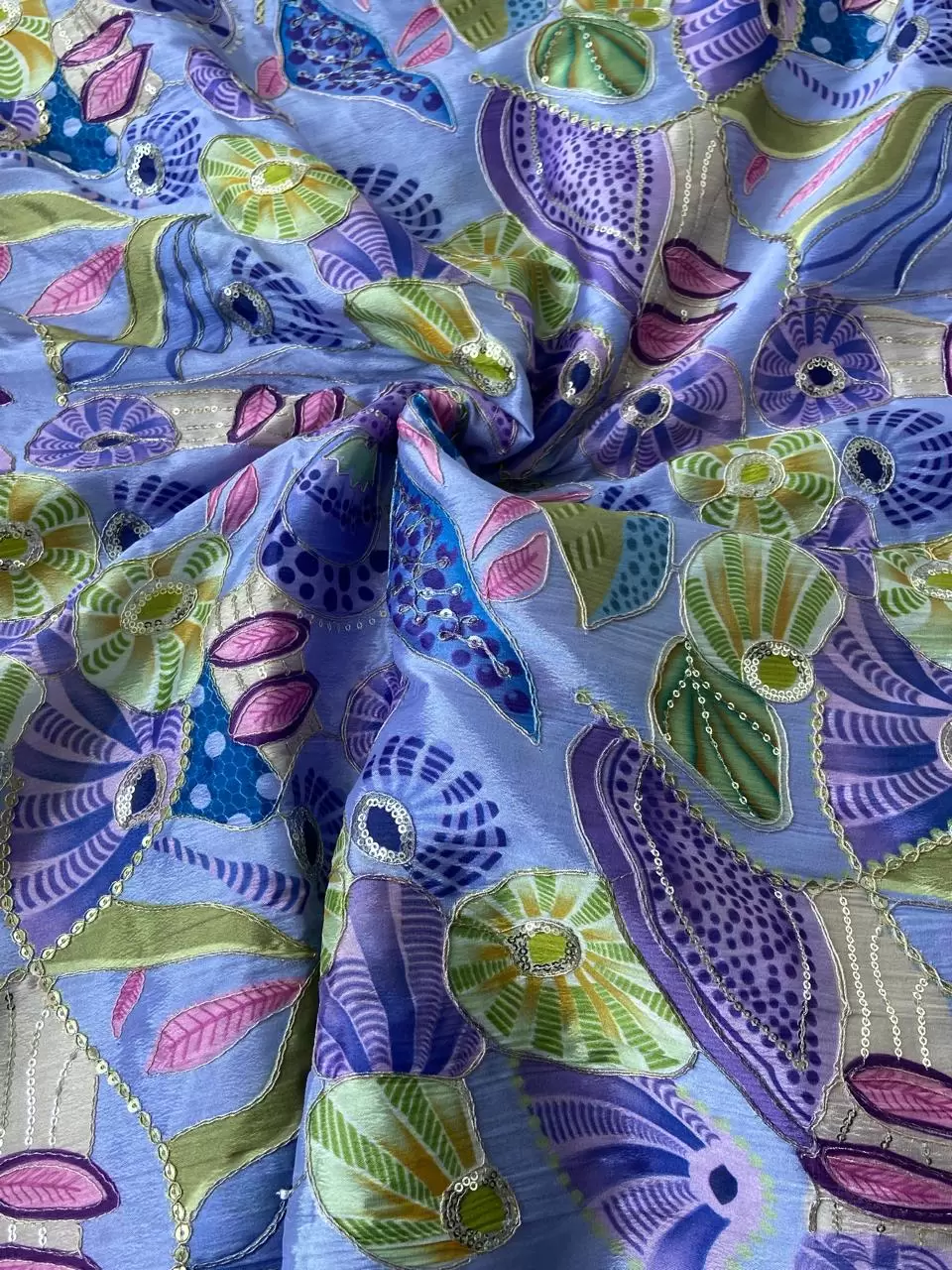 Lavender Purple Organza Fabric with Position Print & Floral Sequin Embroidery