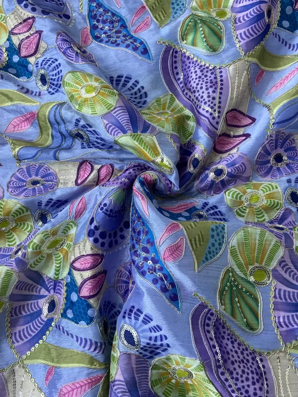 Lavender Purple Organza Fabric with Position Print & Floral Sequin Embroidery