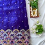 Blue Organza Satin Fabric with Heavy Multicolored Border in Daman Style