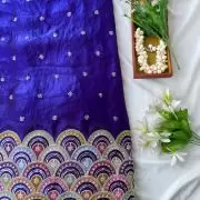 Blue Organza Satin Fabric with Heavy Multicolored Border in Daman Style