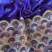 Blue Organza Satin Fabric with Heavy Multicolored Border in Daman Style