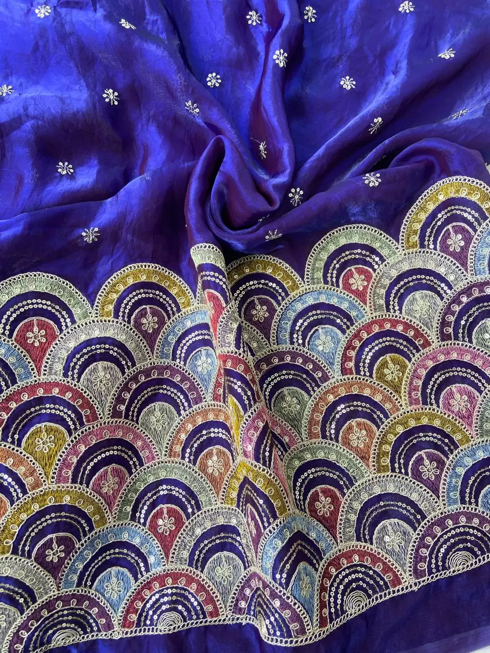 Blue Organza Satin Fabric with Heavy Multicolored Border in Daman Style