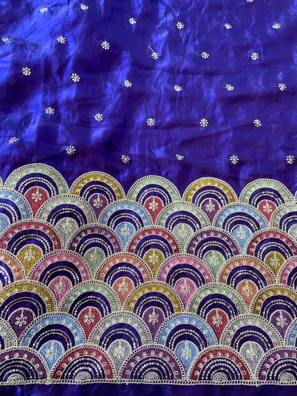 Blue Organza Satin Fabric with Heavy Multicolored Border in Daman Style