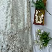 White organza satin with heavy daman style zari and sequin embroidery fabric