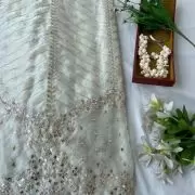 White organza satin with heavy daman style zari and sequin embroidery fabric