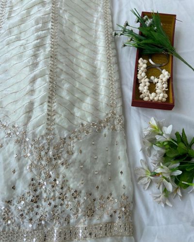 White organza satin with heavy daman style zari and sequin embroidery fabric