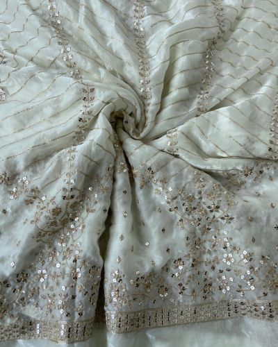 White organza satin with heavy daman style zari and sequin embroidery fabric