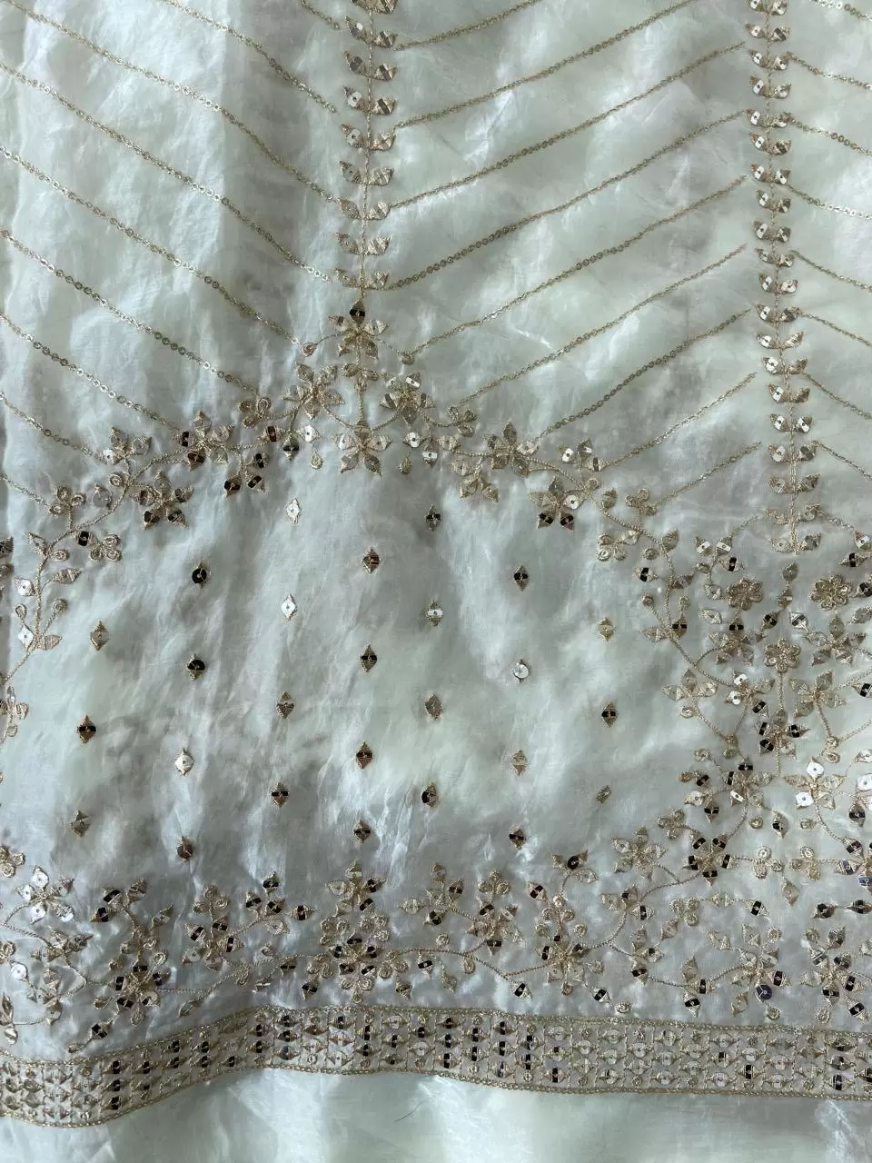 White organza satin with heavy daman style zari and sequin embroidery fabric