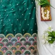 Bottle Green Organza Satin Fabric with Heavy Multicolored Border in Daman Style