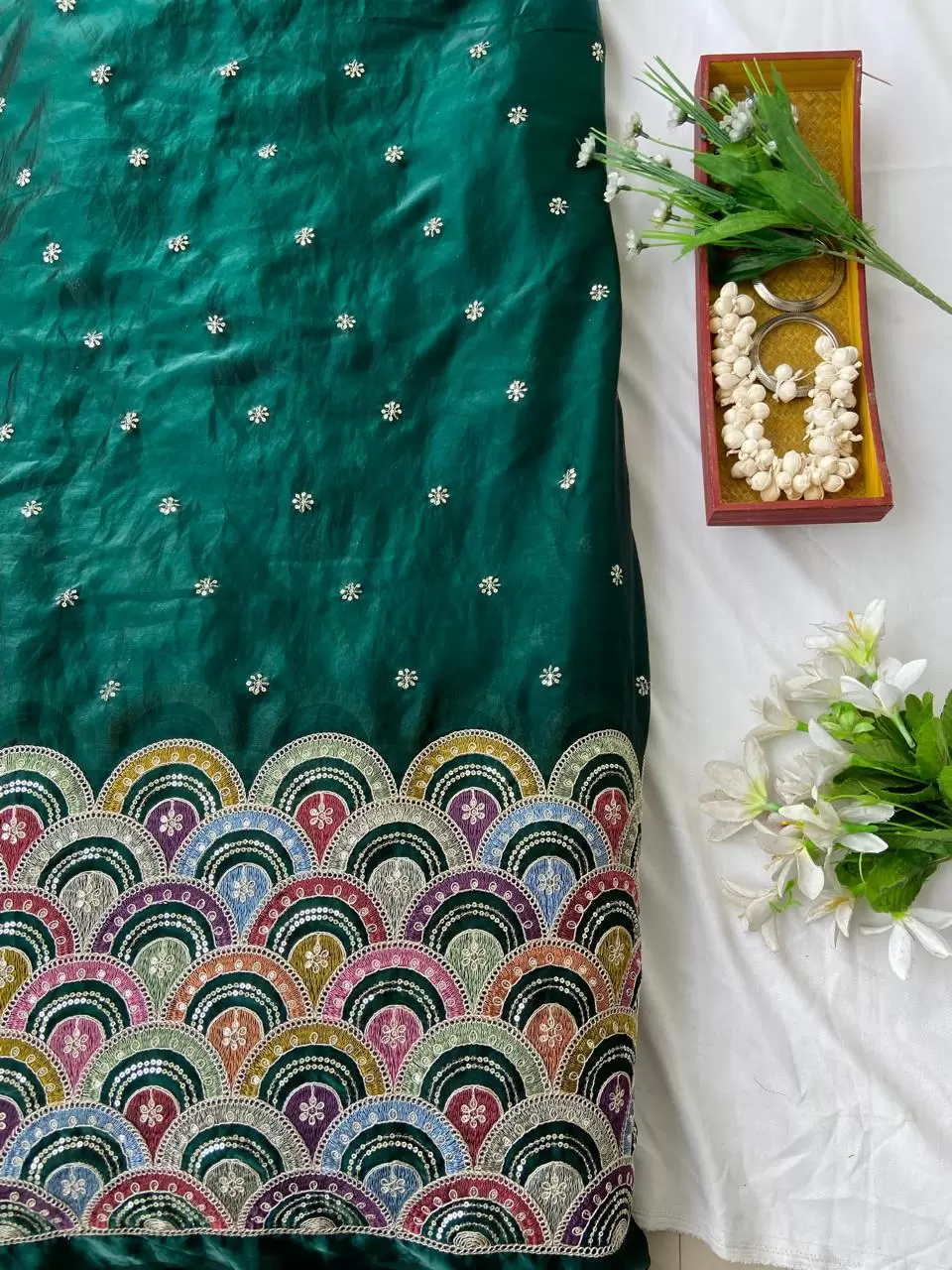 Bottle Green Organza Satin Fabric with Heavy Multicolored Border in Daman Style