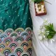 Bottle Green Organza Satin Fabric with Heavy Multicolored Border in Daman Style