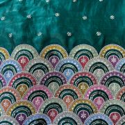 Bottle Green Organza Satin Fabric with Heavy Multicolored Border in Daman Style