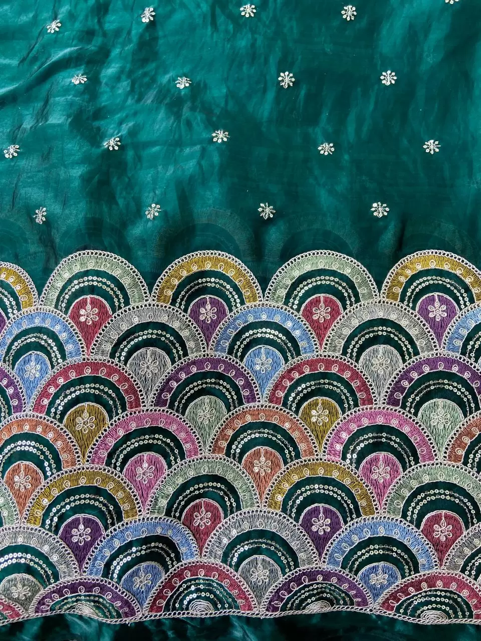 Bottle Green Organza Satin Fabric with Heavy Multicolored Border in Daman Style