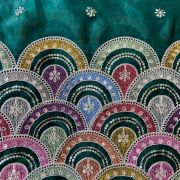 Bottle Green Organza Satin Fabric with Heavy Multicolored Border in Daman Style