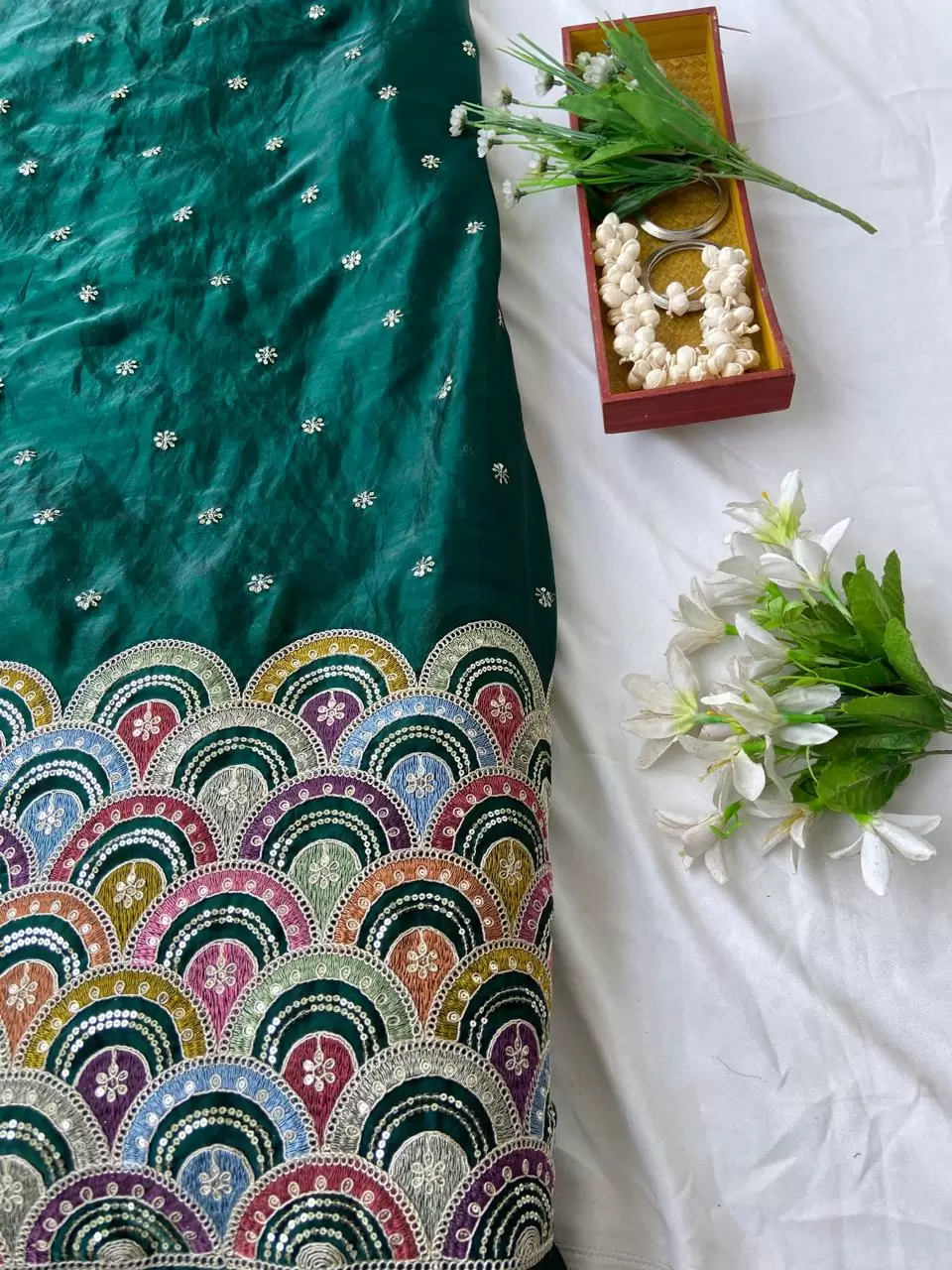 Bottle Green Organza Satin Fabric with Heavy Multicolored Border in Daman Style