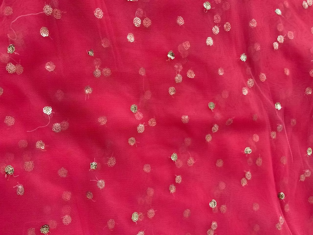 All Over Gold Sequin Buti On Vibrant Pink Net Fabric