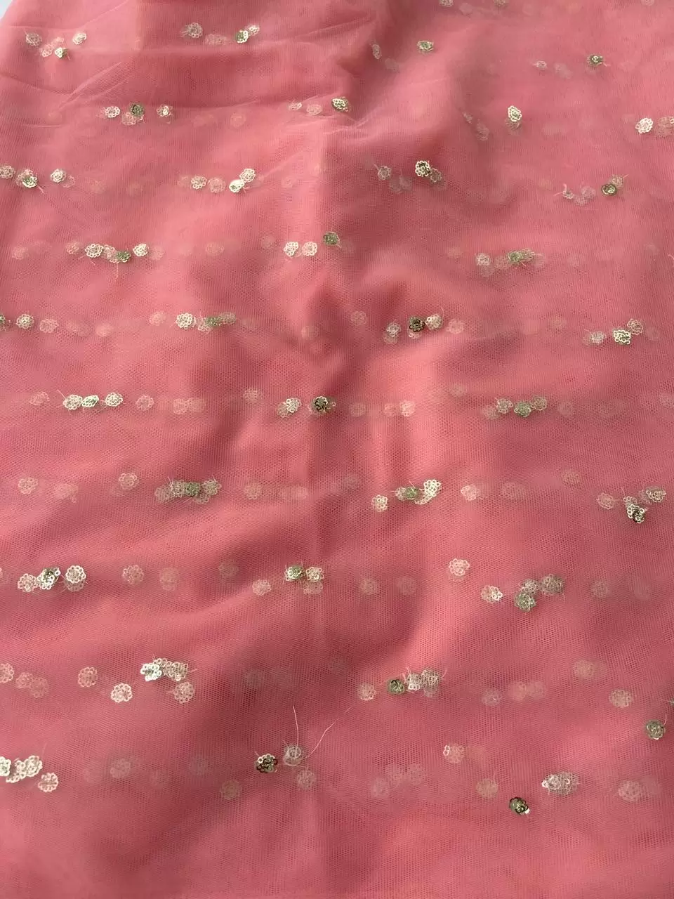 All Over Gold Sequin Buti On Peach Pink Net Fabric