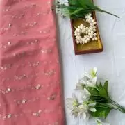 All Over Gold Sequin Buti On Peach Pink Net Fabric