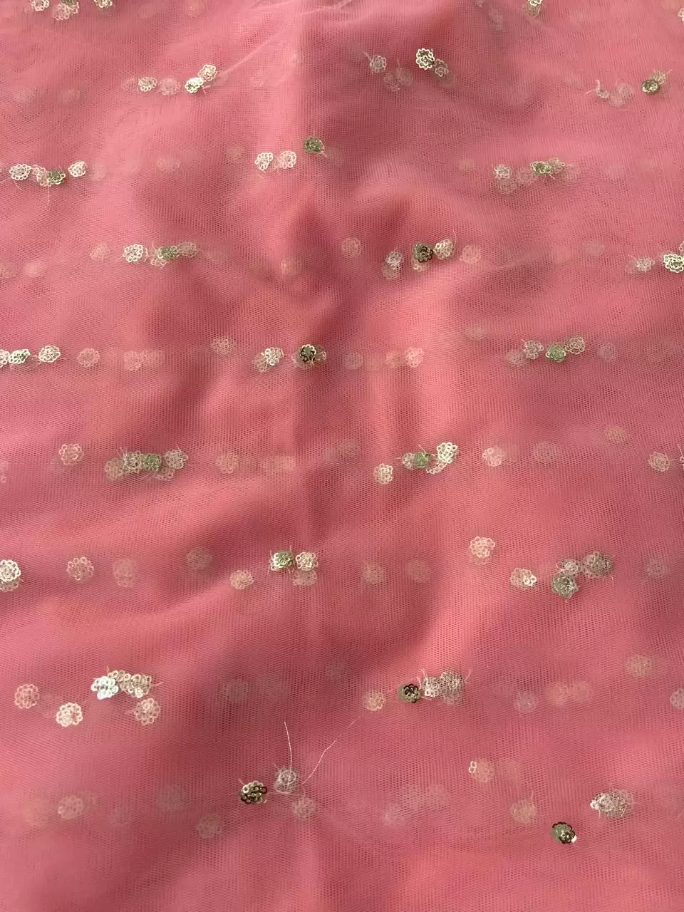 All Over Gold Sequin Buti On Peach Pink Net Fabric