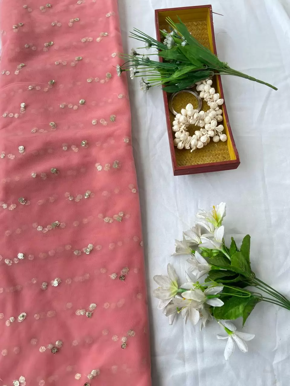 All Over Gold Sequin Buti On Peach Pink Net Fabric